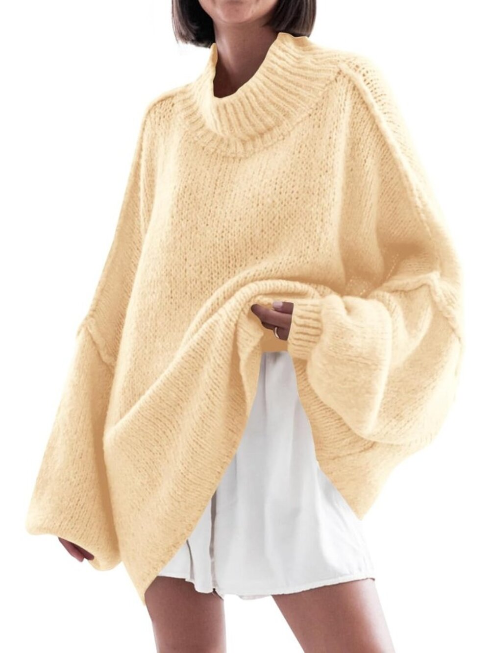 Women's Beige Casual Oversized Sweaters Mock Neck Fall Winter Tunic Sweater